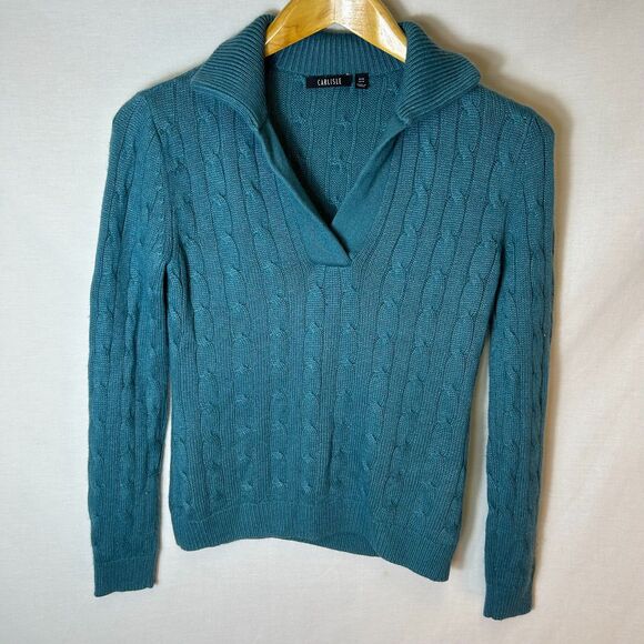 Carlisle Teal Green Silk Cashmere Cable Knit Collared V-Neck Sweater Size M - Picture 3 of 11